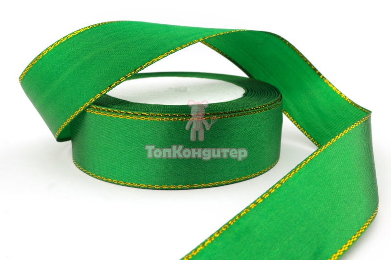Лента атласная 2,5 см Зеленый с люрексом 23 м