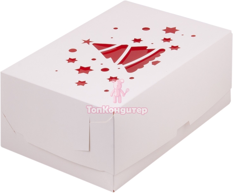 Коробка на 6 капкейков "Елка" белая с красным окном