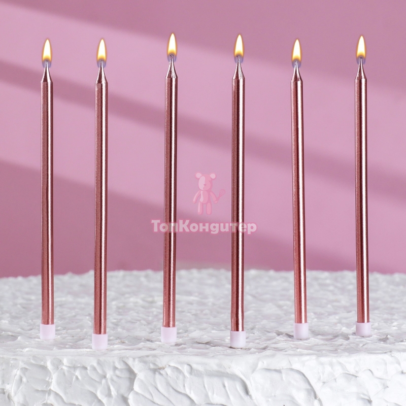 Свечи в торт "Ройс", 6 шт, высокие, 13 см, розовый металлик